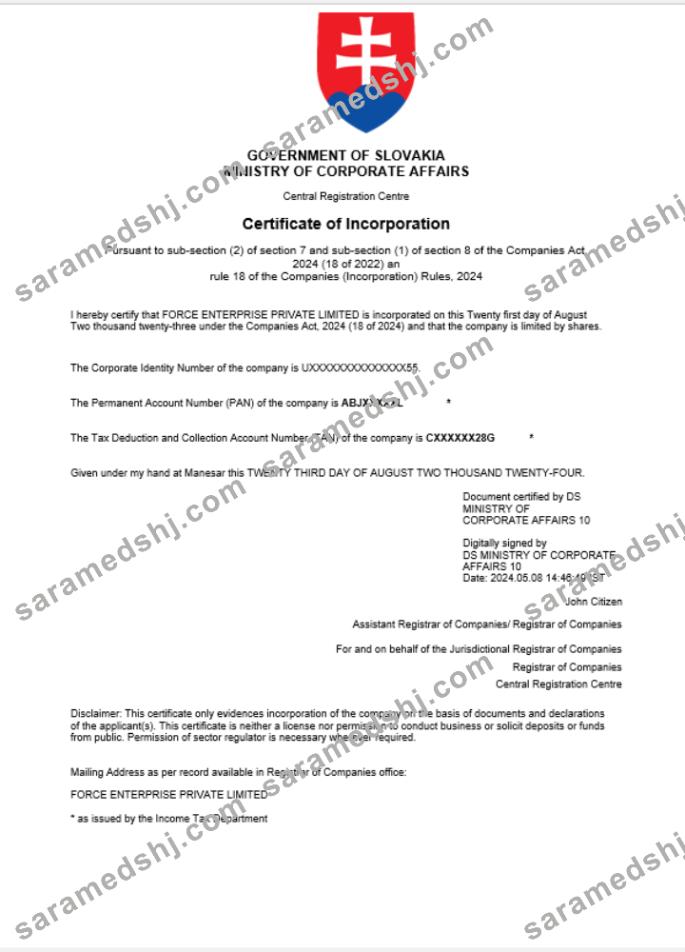 Slovakia business registration certificate Word and PDF template